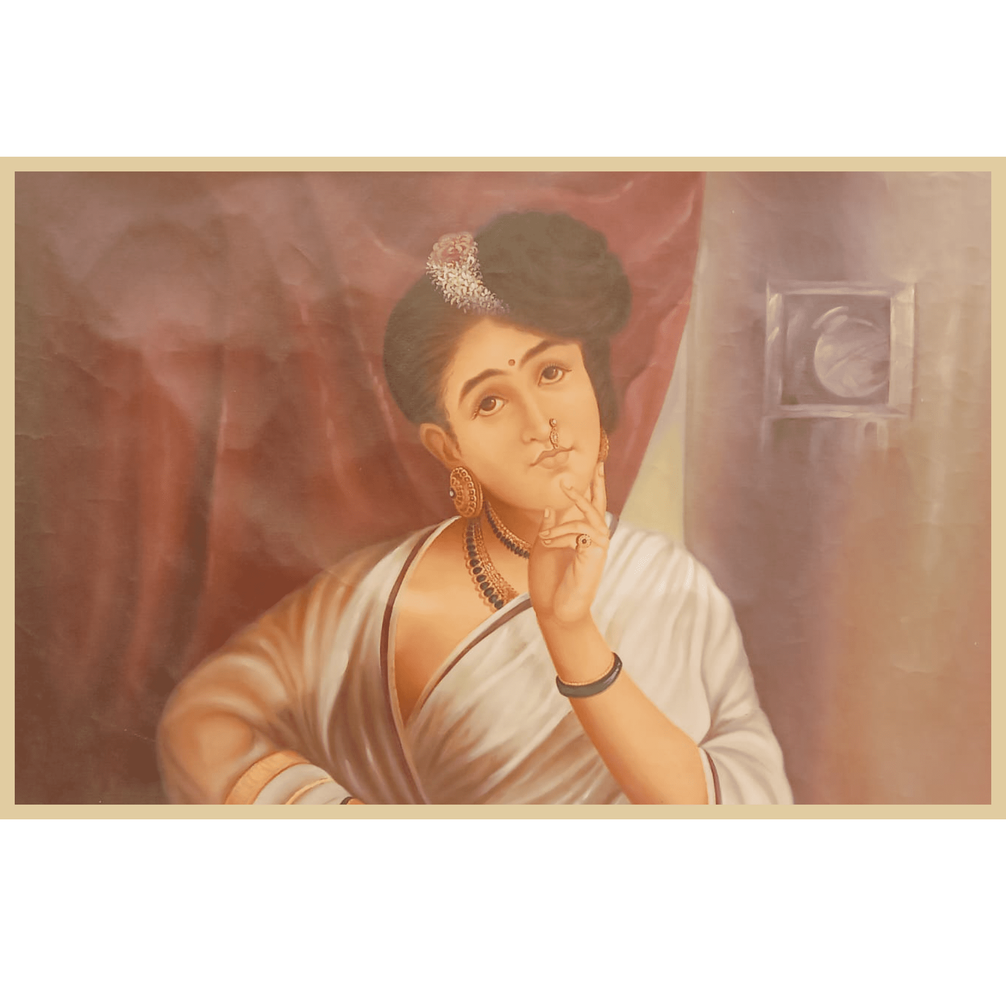 Indian Lady Portrait – Raja Ravi Varma Style Oil Painting Original Oil Painting - 34 x 23 inches - Indian Traditional Art on Canvas by Udaipur Artist